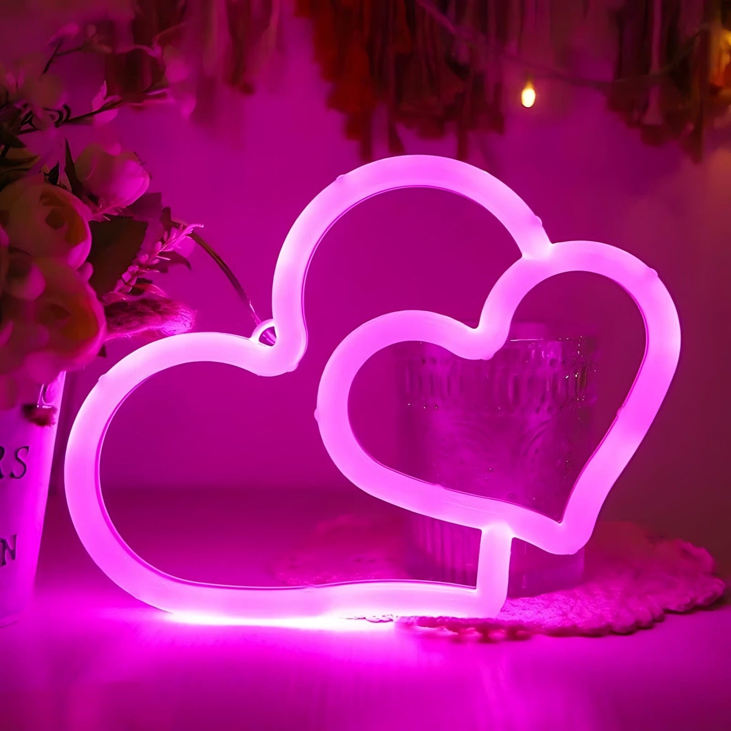 Veilleuse Double Coeur Néon Led Rose NemiLum