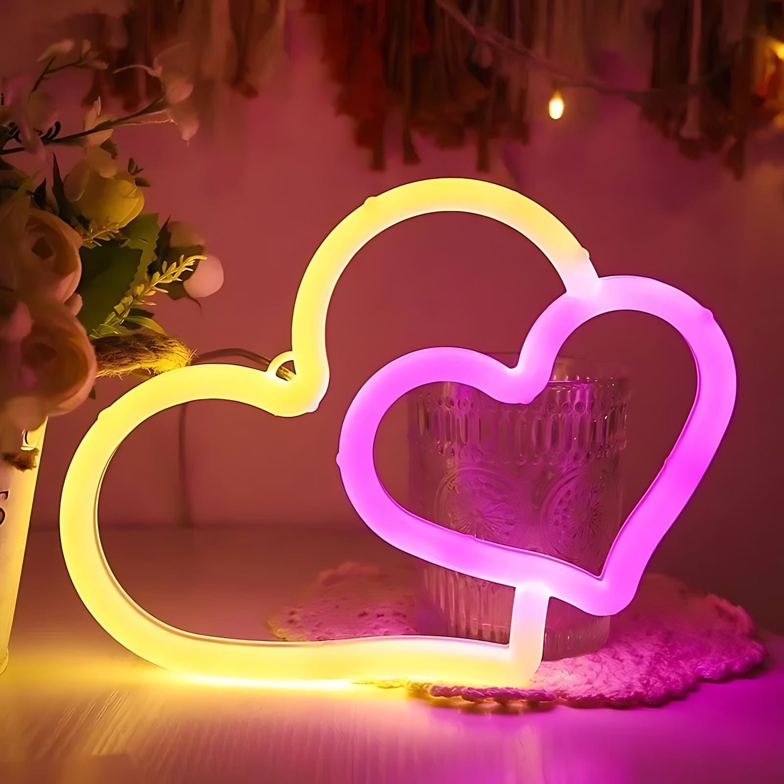 Veilleuse Double Coeur Néon Led Jaune et Rose NemiLum