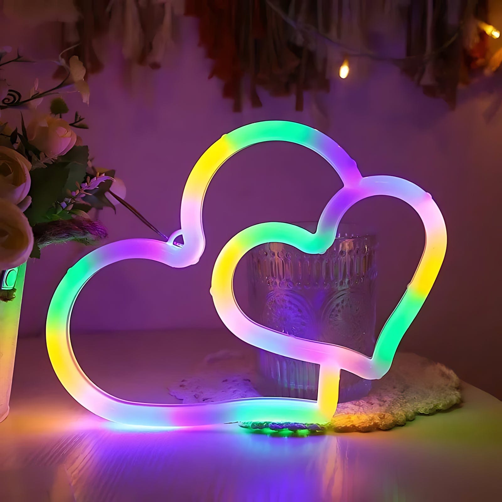 Veilleuse Double Coeur Néon Led Multicolors NemiLum